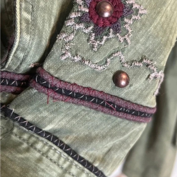 Free People “So Down” Military Olive Utility Jacket with Burgundy Details